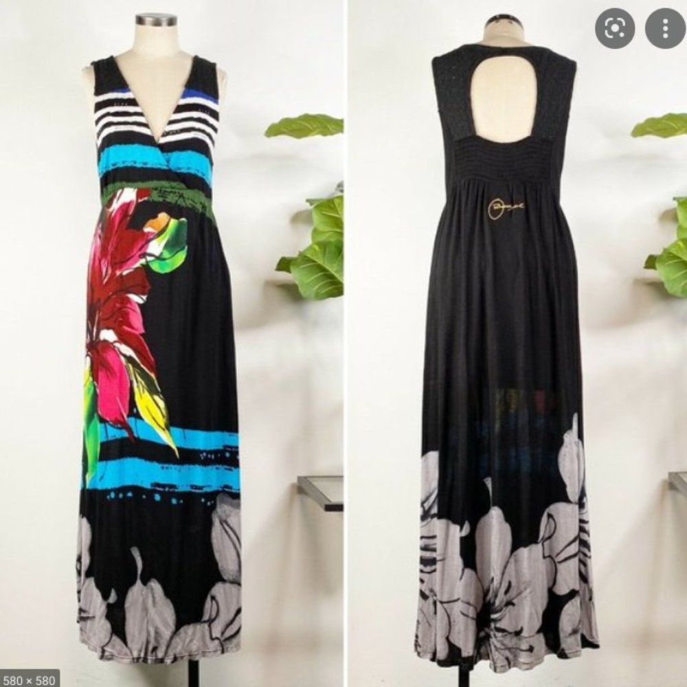 Desigual Septiembre Printed V Neck Crochet Open Back Detail Maxi Dress X-Small